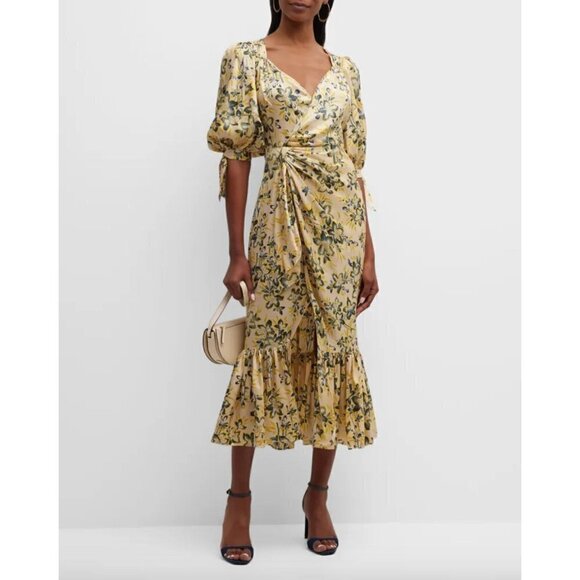 Cinq a Sept Kerstin Puff-Sleeve Floral Midi Wrap Dress Pomelo Multi Womens Size - Picture 1 of 15
